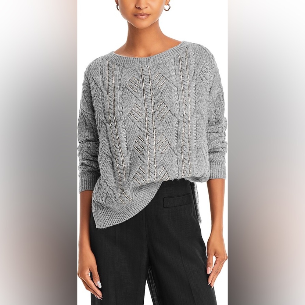 Ramy Brook Lucille Embellished Gray Chunky Sweater Cable Knit Small